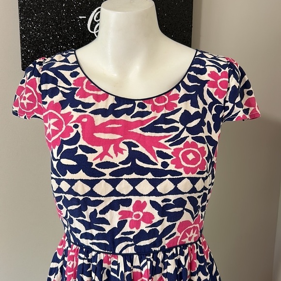 Anthropologie Maeve Peralta pink and blue bird patterned midi Dress Sz 2 - Picture 2 of 11